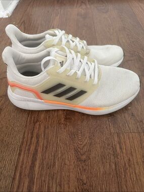 adidas White Mesh Sneakers with Black Stripes and Neon Orange Trim